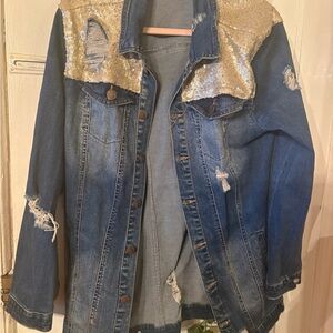 VINTAGE 1990’d DOLLHOUSE OVERSIZED Blue Denim Jacket with Gold Sequins